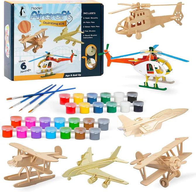 Model Aircraft Painting Kit – Build & Paint 6 Wooden Planes & Helicopters