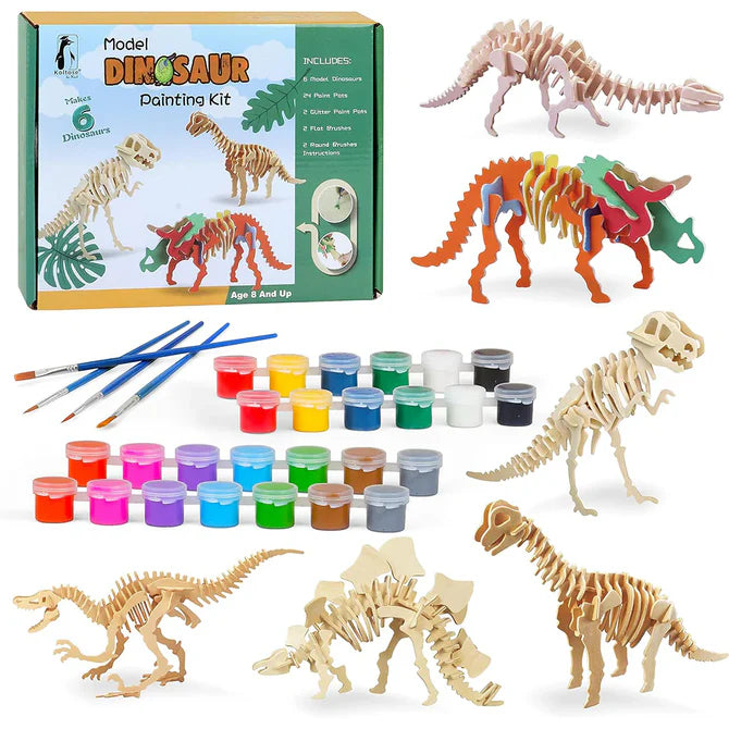 Model Dinosaur Painting Kit – 6 DIY 3D Wooden Dinosaurs with Paints